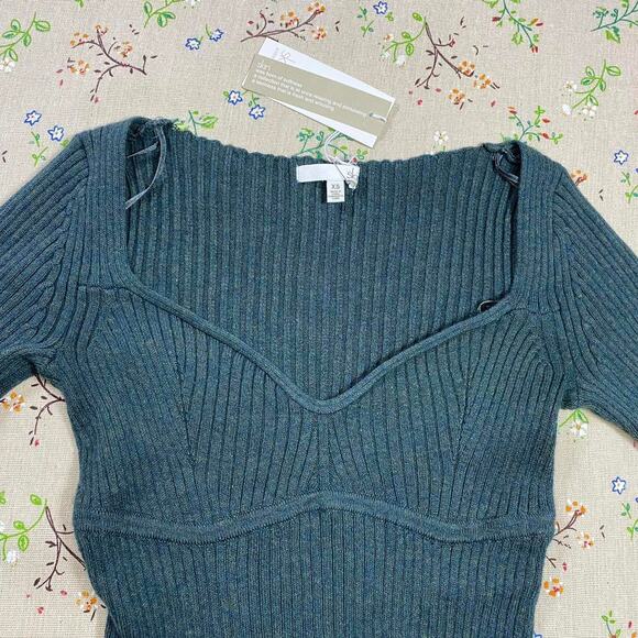 Cotton Cashmere Sweetheart Ribbed Knit Sweater Top Sea Moss XS Preppy Coquette - Picture 6 of 11